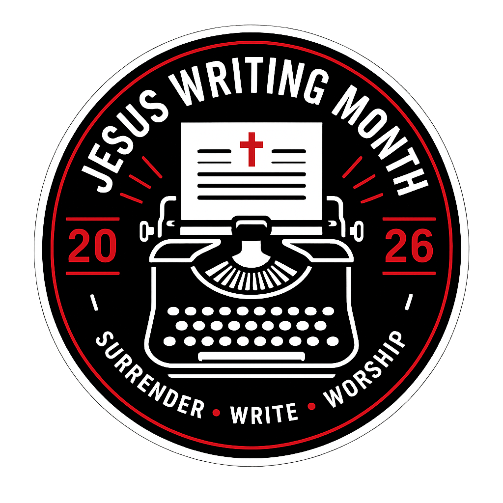 Jesus Writing Month welcome sticker badge.