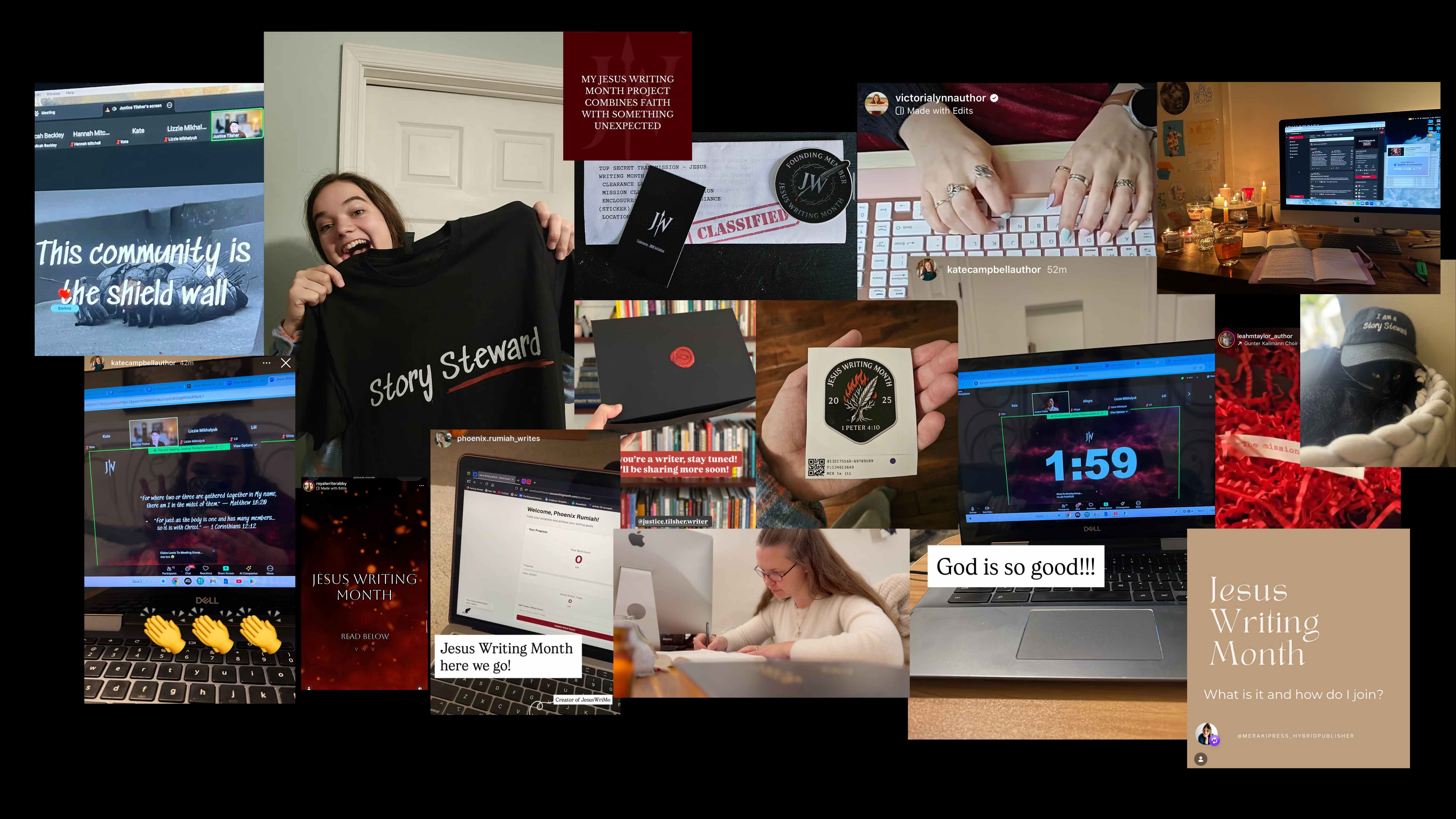 A collage of community moments from Jesus Writing Month: writers holding shirts and stickers, Zoom sprints, and social posts.
