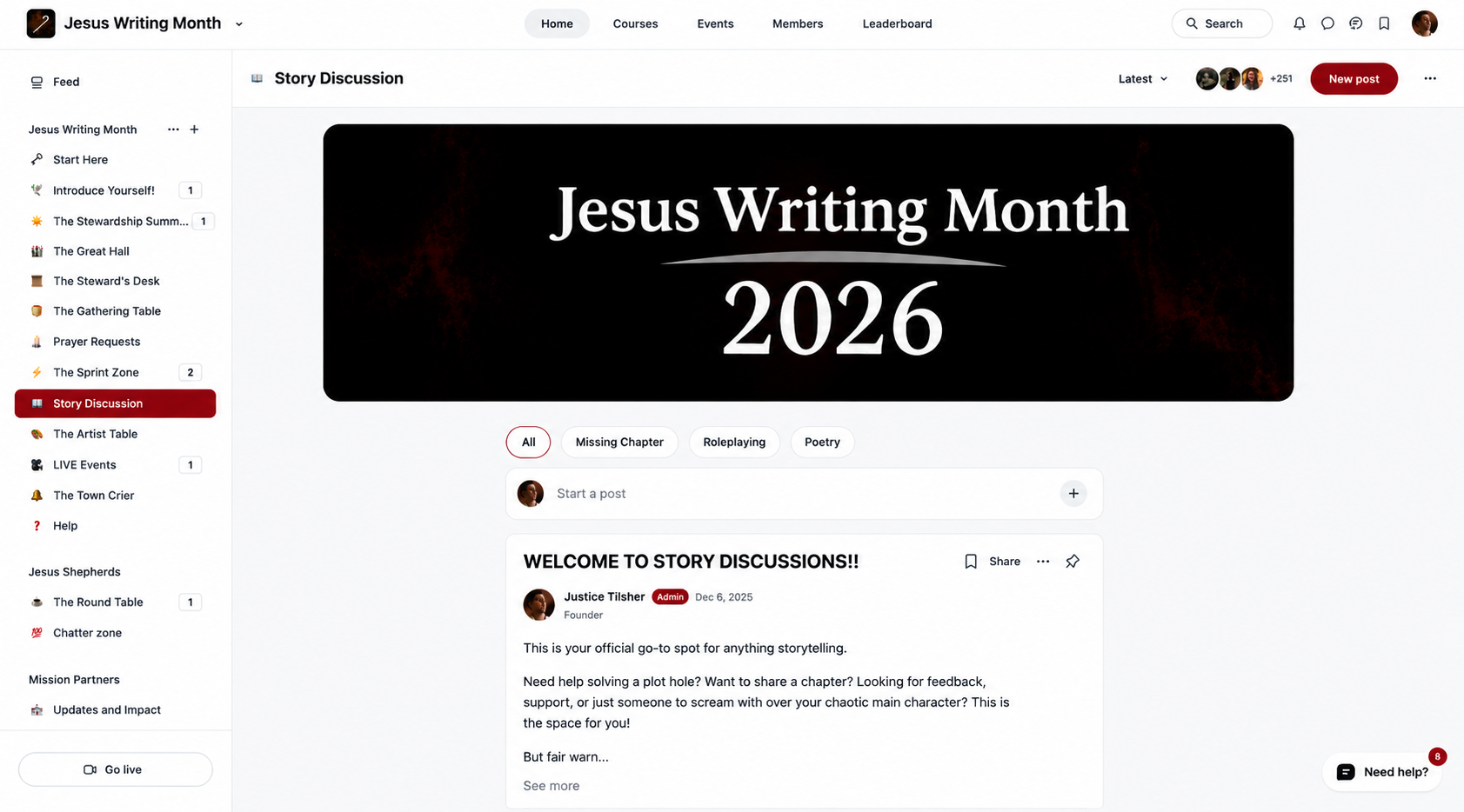The Jesus Writing Month community platform showing the Story Discussion board.