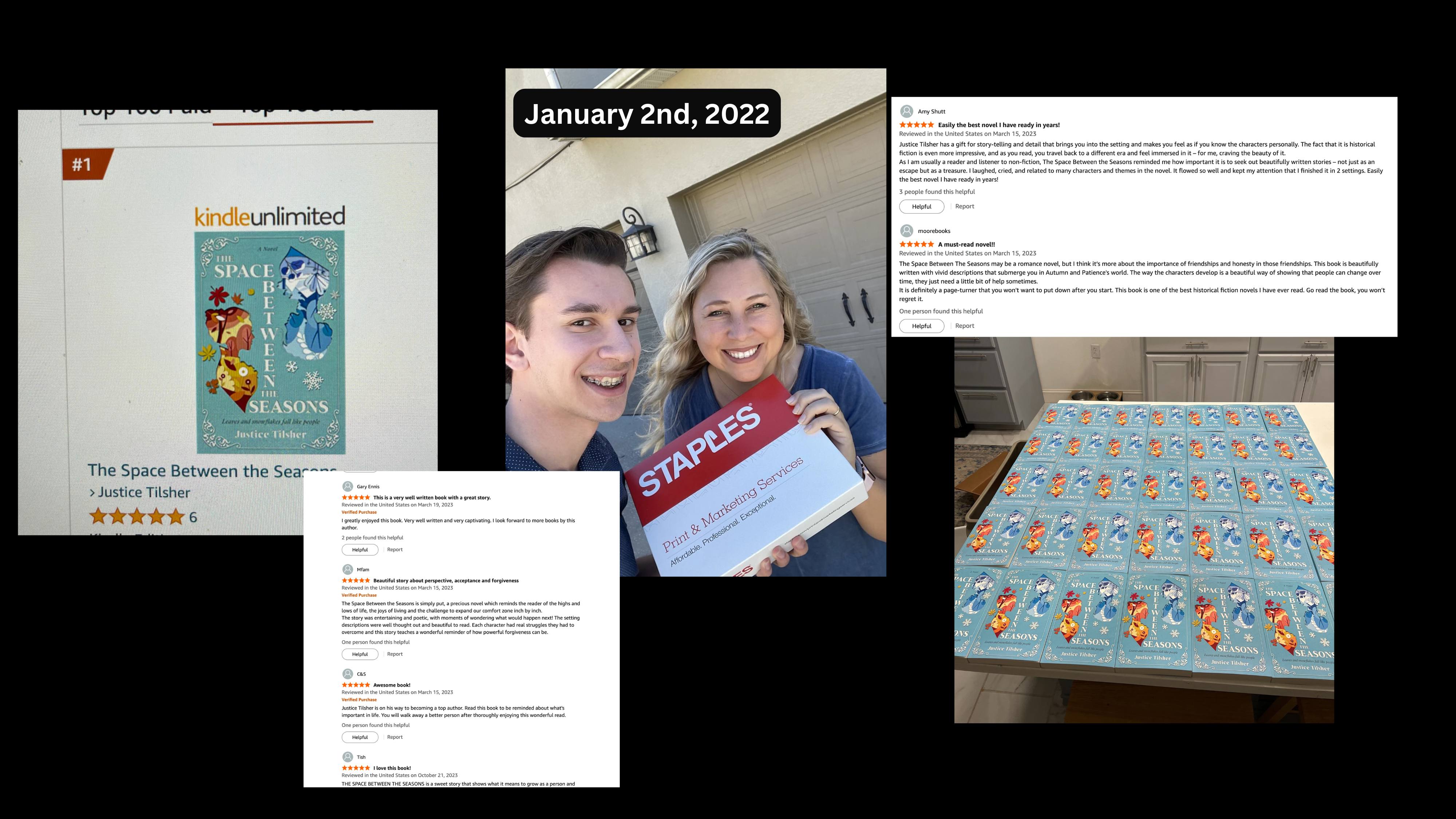 Justice's book success - The Space Between the Seasons hitting #1 and receiving 5-star reviews